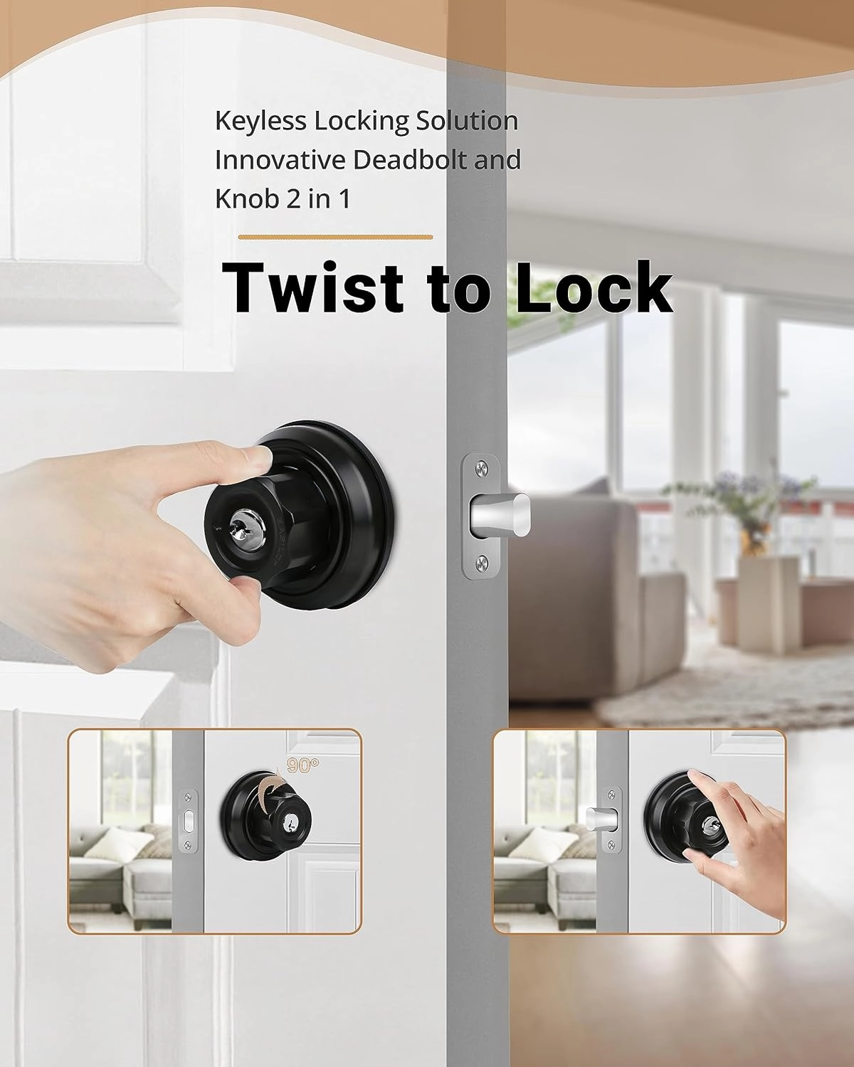 EASlLOK Deadbolt Twist-to-Lock Front Door Lock Keyless Heavy Duty Single Cylinder Deadbolt (Zinc Alloy, Black, 1 Pack)