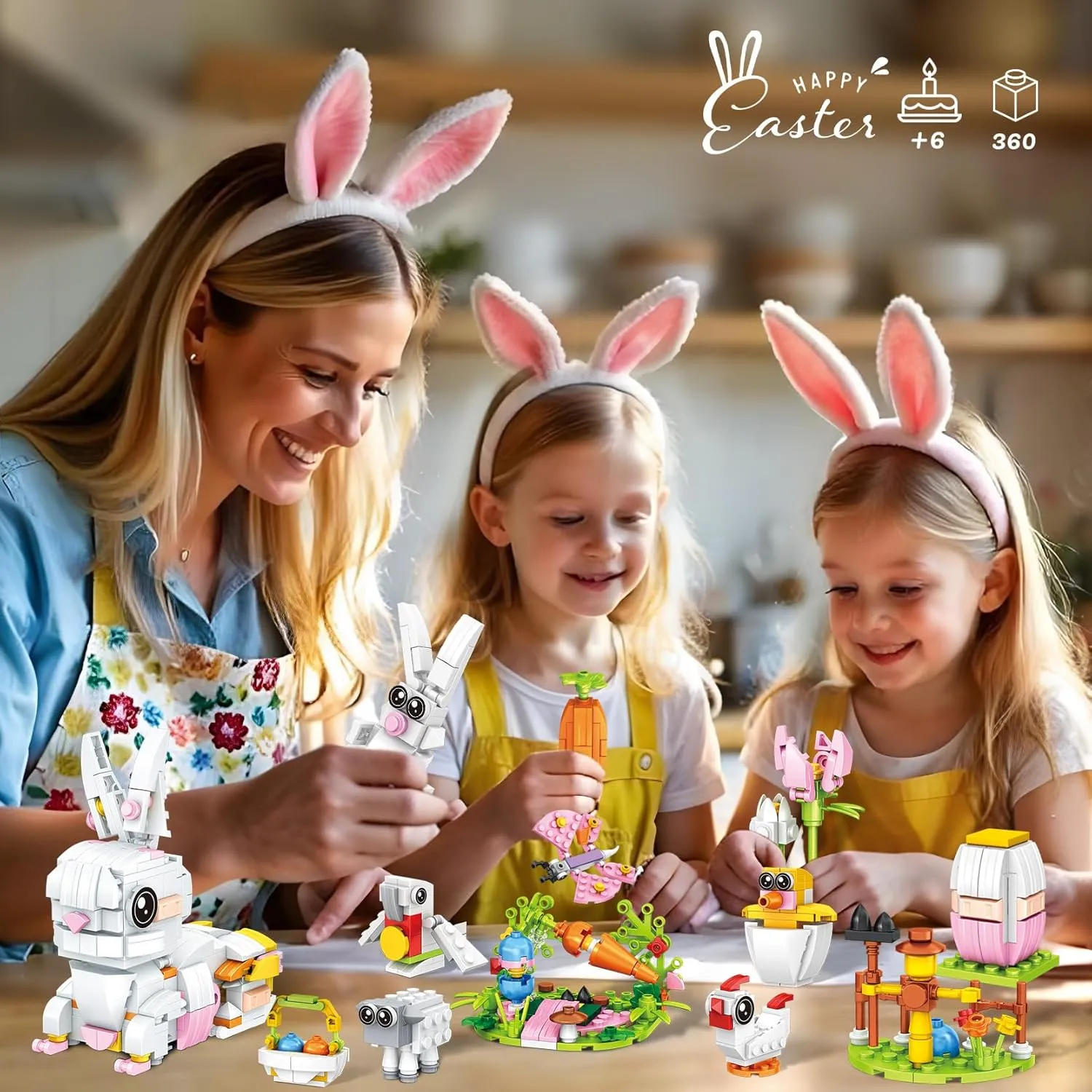 Easter Bunny Building Toy Set, Easter Gifts for Kids - 12-in-1 Rabbit Building Block with Prefilled Eggs, Includes Chick, Sheep, Carrot, Flower, Easter Basket Stuffers & Decorations for Boys Girls 6 