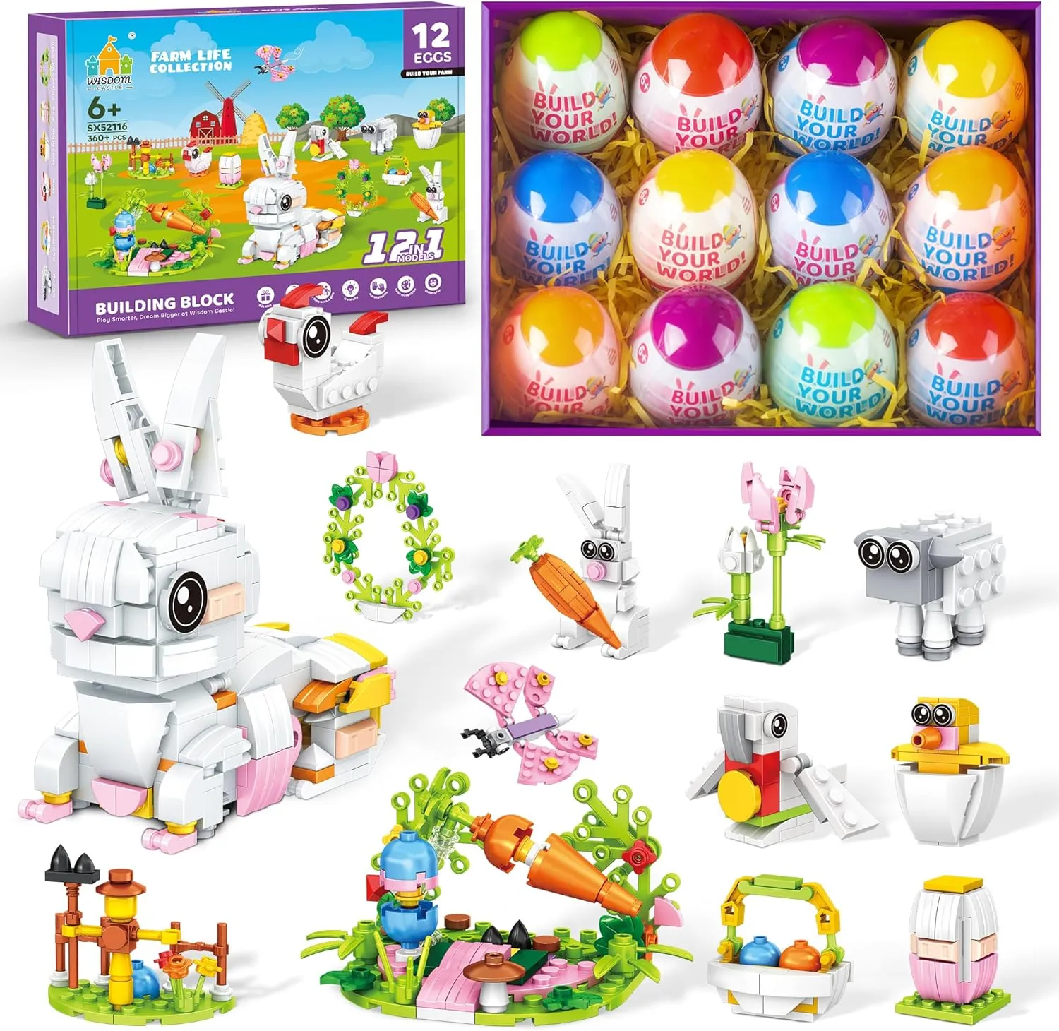 Easter Bunny Building Toy Set, Easter Gifts for Kids - 12-in-1 Rabbit Building Block with Prefilled Eggs, Includes Chick, Sheep, Carrot, Flower, Easter Basket Stuffers & Decorations for Boys Girls 6 
