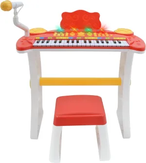 Educational Musical Toy for Kids 3-8 Years, 37-Key Portable Electronic Piano Keyboard with Microphone, LED Lights, 22 Songs, Recording, Colorful Stickers & Stool - Gift for Boys and Girls (Red)