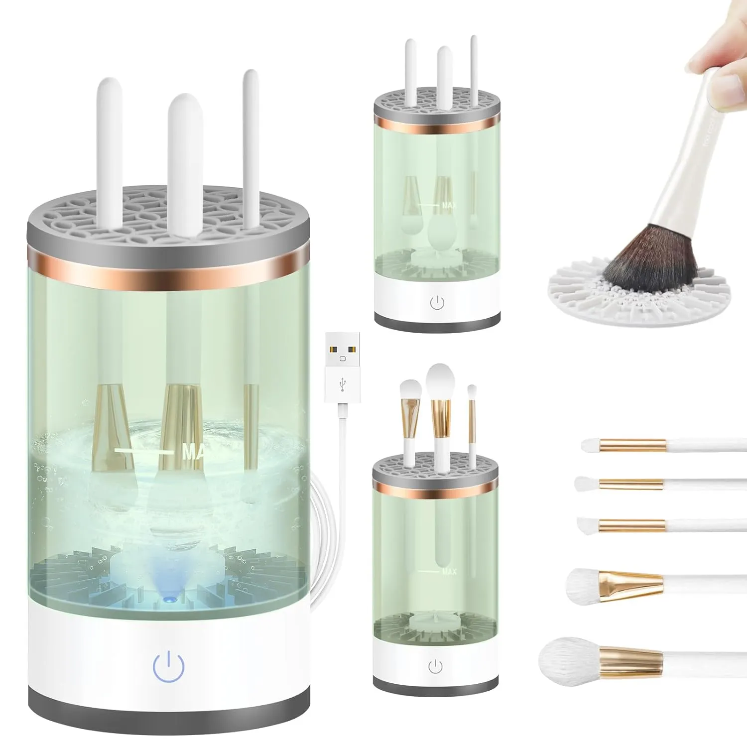 Efficient Electric Makeup Brush Cleaner Machine, Automatic Makeup Brush Cleaner for 3-4 Brushes at a Time, 7000 RPM Ensures Thorough Cleaning, Includes Silicone Pad (Green)