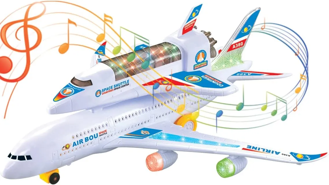 Electric Airplane Space Shuttle Carrier Transporter Bump and Go Kids Action Toy - Big Model Jumbo Jet with Flashing 3D Lights and Realistic Aircraft Plane Sounds