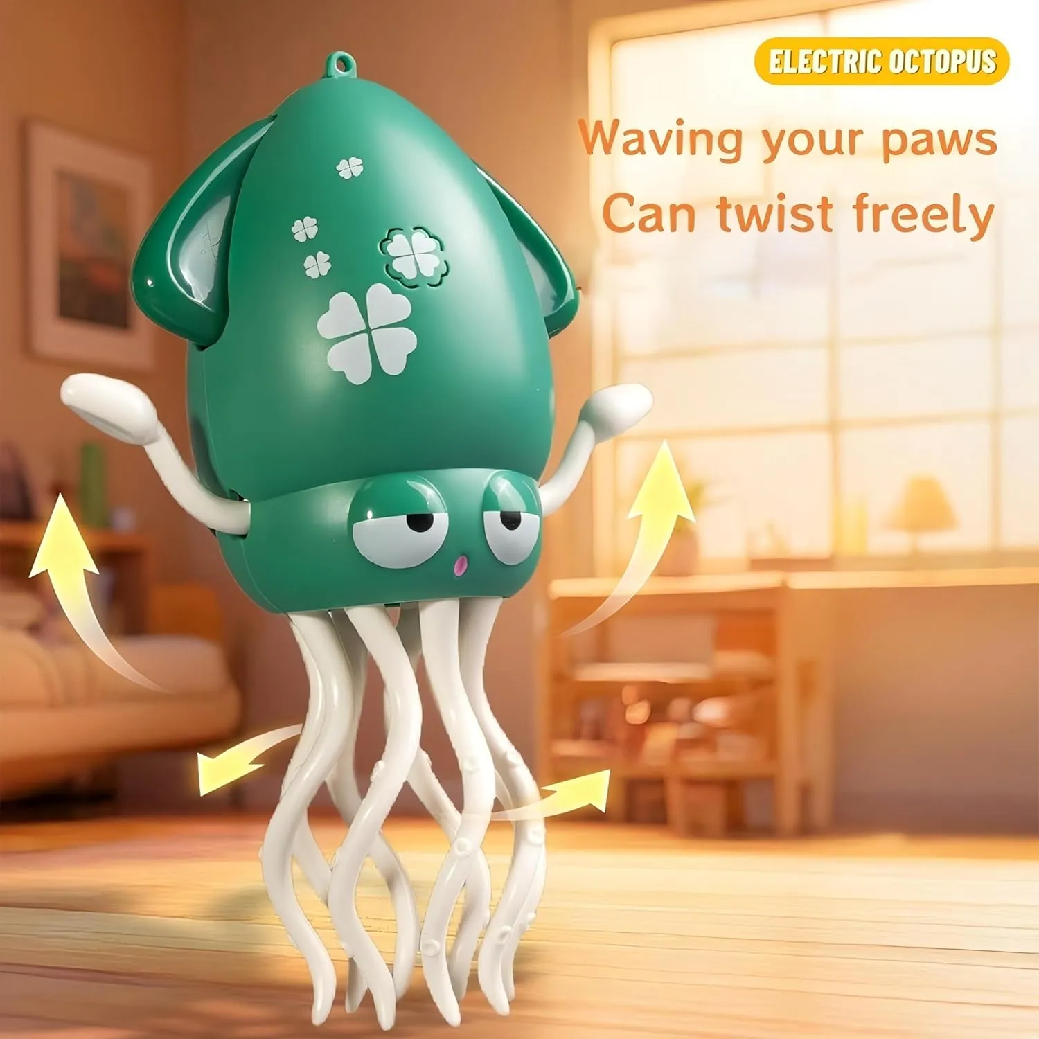 Electric Dancing Octopus Toy, Crawling Dancing Automatic Obstacle Avoidance Octopus Sensor Toy, Creative Magic Crazy 8-Leg Action Obstacle with LED Lights & Music, Self-Navigating (Yellow Fishing Rod)
