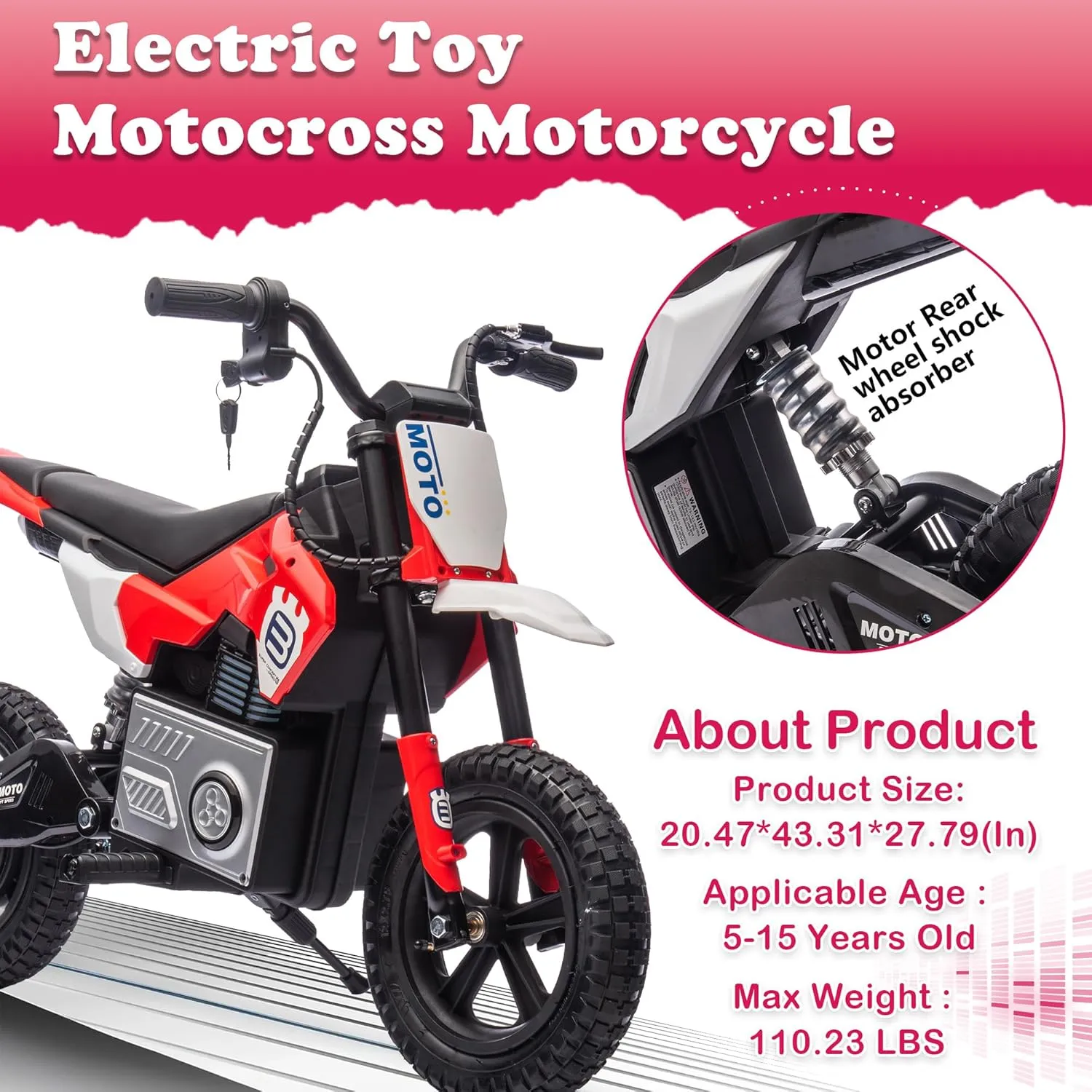 Electric Motorcycle for Kids Ages 5-15, 24V 200W Higher Speed Electric Dirt Bike, Kids Ride On Motorcycle with Rear Wheel Shock Absorber, LED Breath Light, Bluetooth, Music, Horn, Red