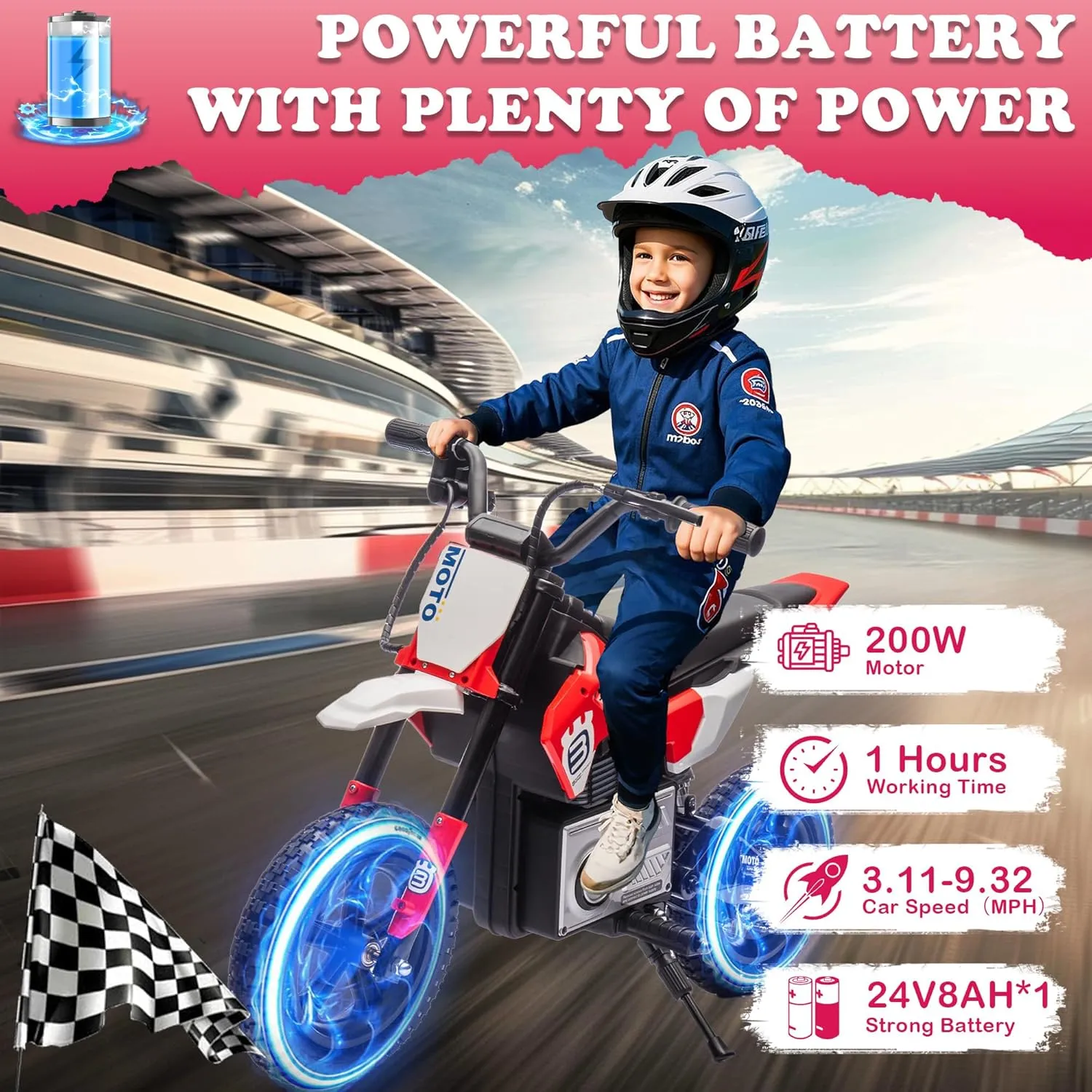 Electric Motorcycle for Kids Ages 5-15, 24V 200W Higher Speed Electric Dirt Bike, Kids Ride On Motorcycle with Rear Wheel Shock Absorber, LED Breath Light, Bluetooth, Music, Horn, Red