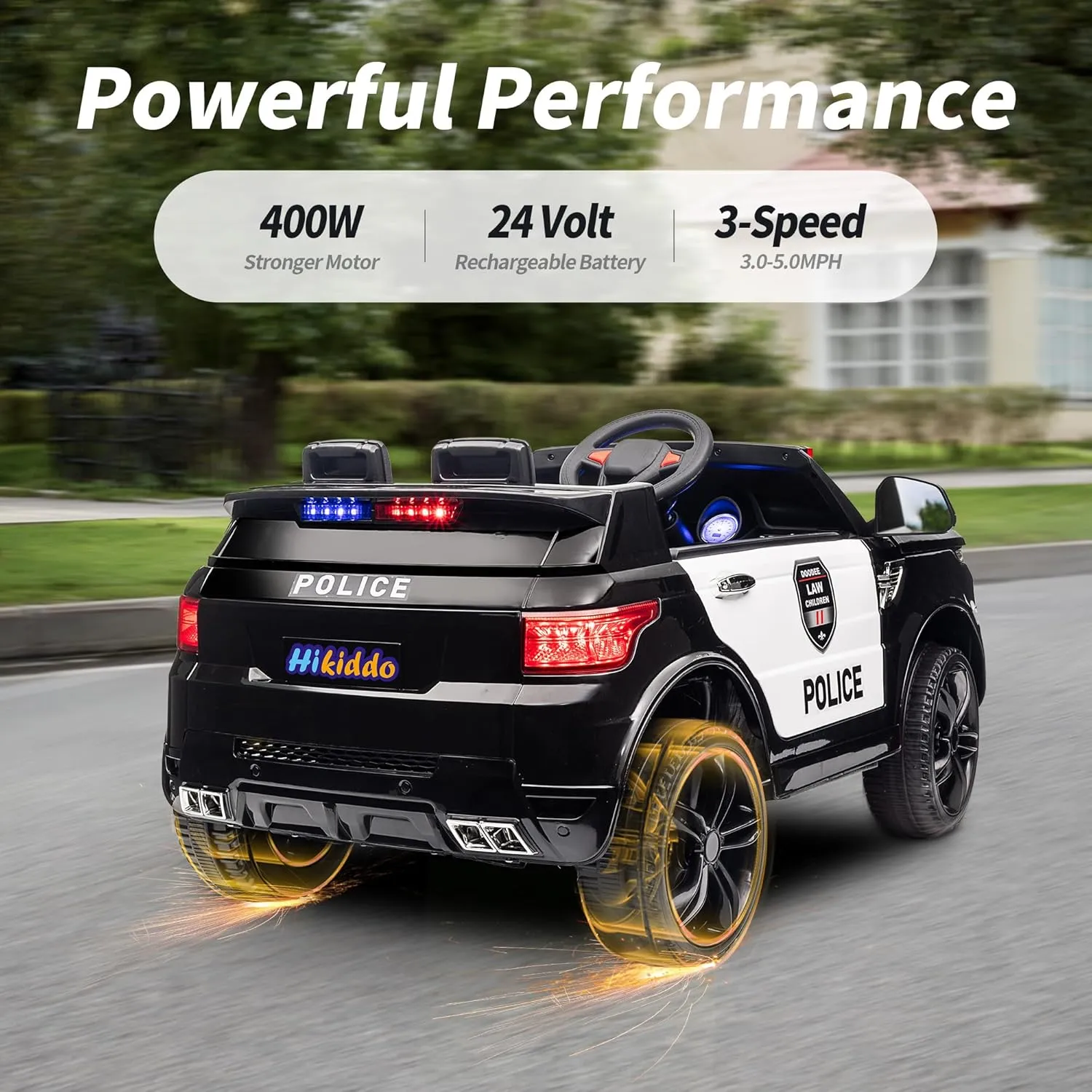 Electric Police Car for Kids, 24V Kids Ride-on Toy Car w/Remote Control, 400W Motor - Black