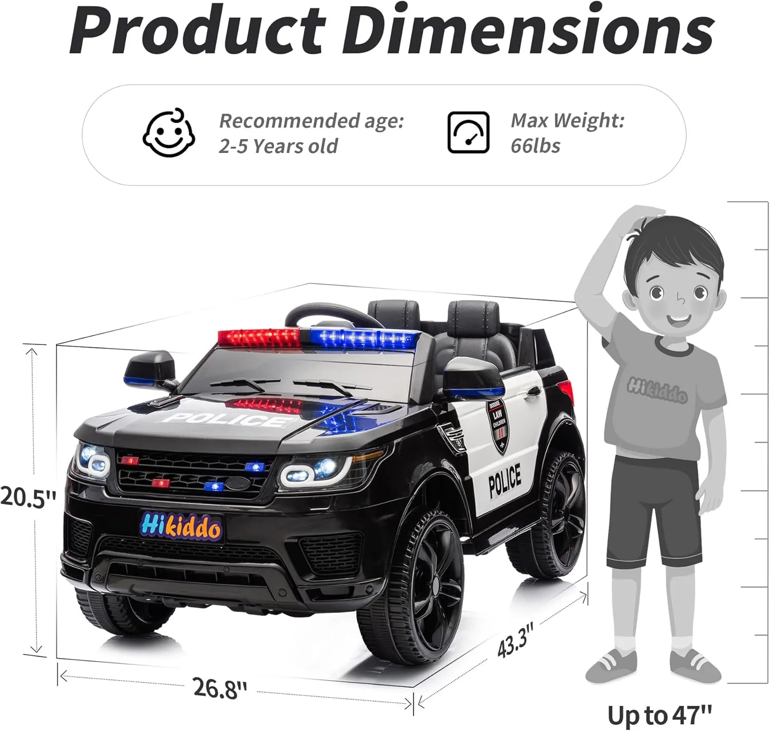 Electric Police Car for Kids, 24V Kids Ride-on Toy Car w/Remote Control, 400W Motor - Black