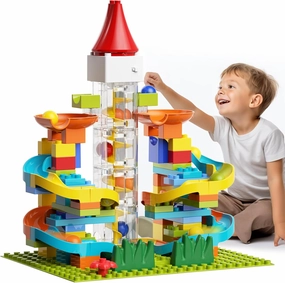 Electric Marble Run with Automatic Elevator Lift - STEM Building Toy for Kids Ages 4-8, 102 PCS Construction Set with 10 Glass Marbles & Transparent Track, Compatible with Standard Building Blocks