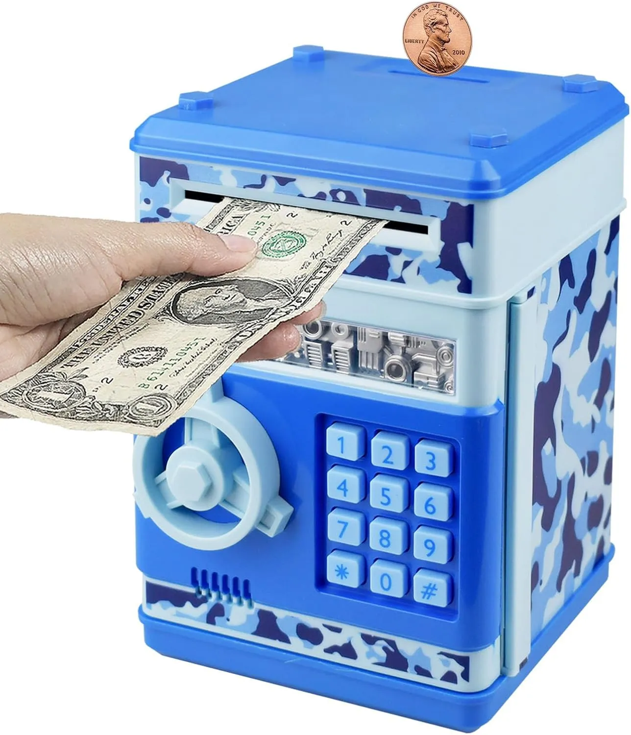 Electronic Piggy Bank Code Lock for Kids Baby Toy, Mini ATM Safe Coin Cash Banks Real Money Saving Box with Password, Auto Money Scroll for Children,Boys Girls Birthday Gift (Camo Blue)