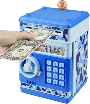 Electronic Piggy Bank Code Lock for Kids Baby Toy, Mini ATM Safe Coin Cash Banks Real Money Saving Box with Password, Auto Money Scroll for Children,Boys Girls Birthday Gift (Camo Blue)