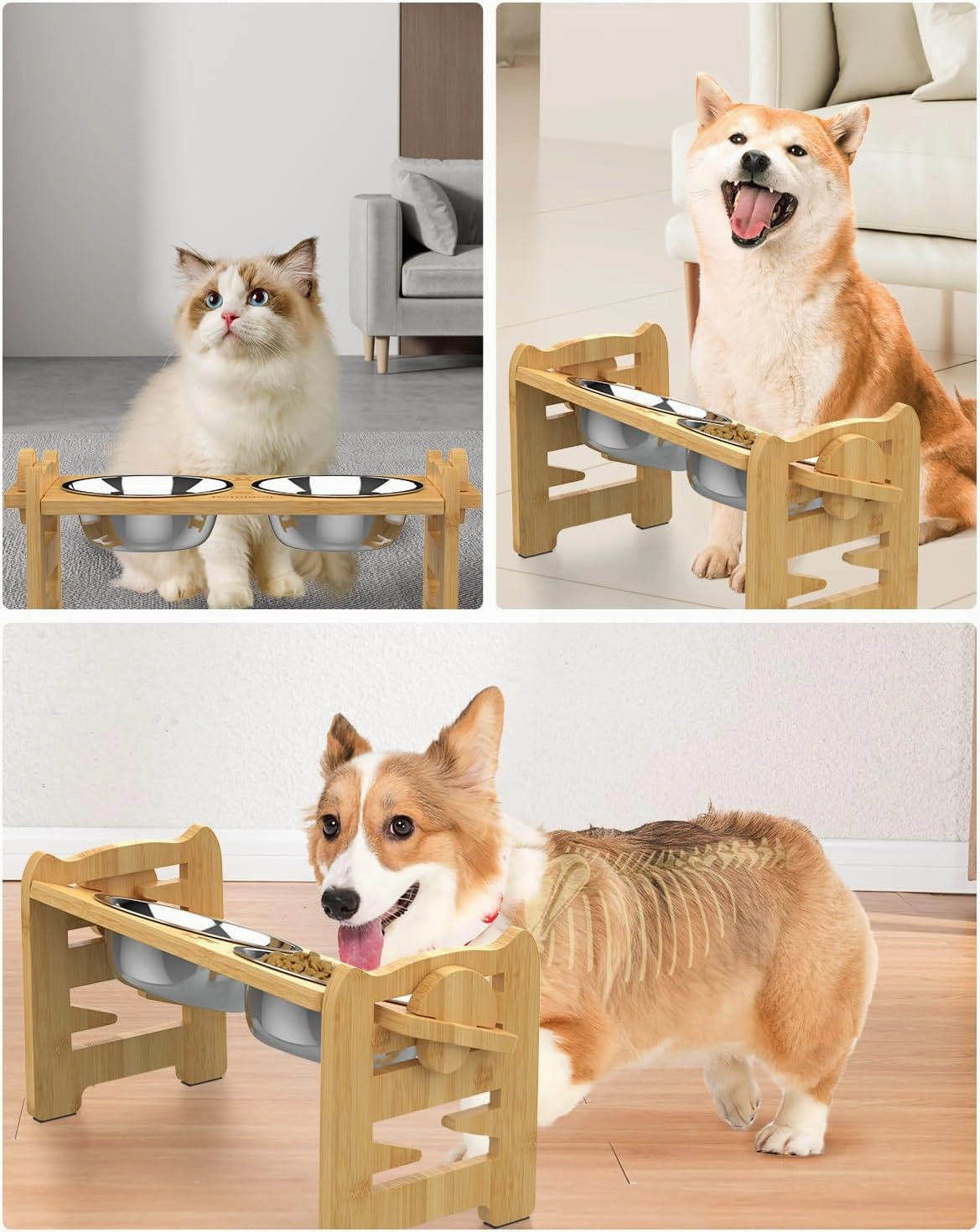 Elevated Dog Bowls, Adjustable Raised Dog Bowls Stand for Small Size Dogs and Cats, Durable Bamboo Dog Feeder with 2 Stainless Steel Bowls and Non-Slip Feet, Dog Food Bowls for Small Dogs Cats
