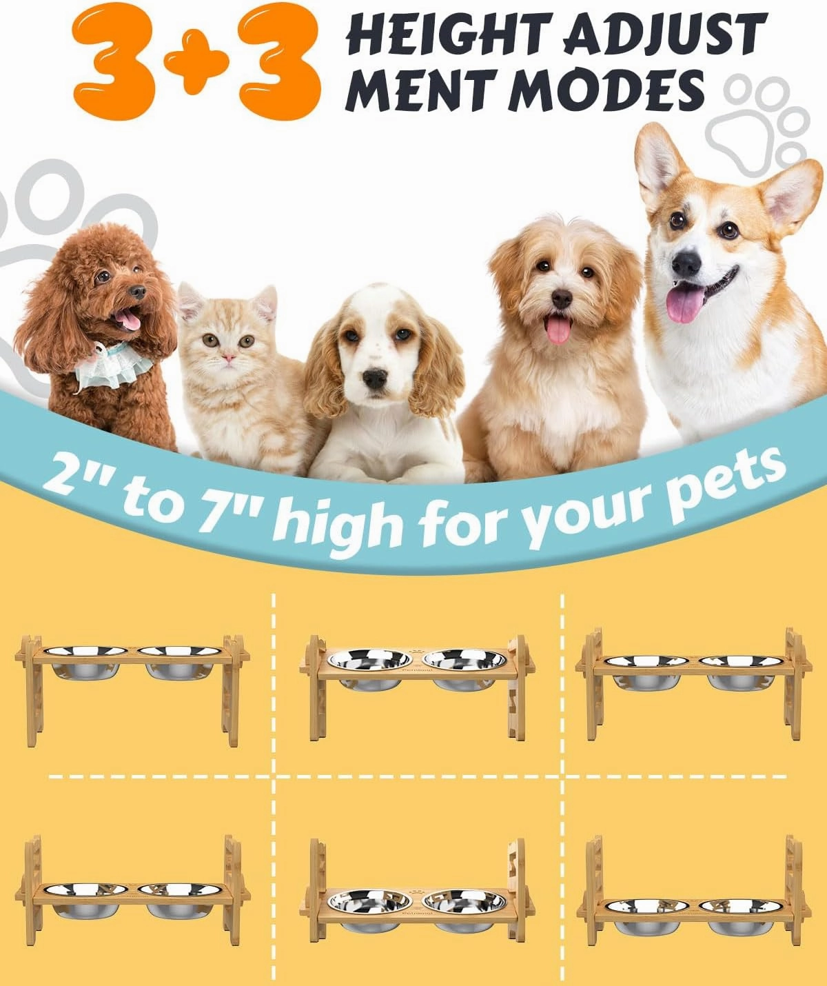 Elevated Dog Bowls, Adjustable Raised Dog Bowls Stand for Small Size Dogs and Cats, Durable Bamboo Dog Feeder with 2 Stainless Steel Bowls and Non-Slip Feet, Dog Food Bowls for Small Dogs Cats