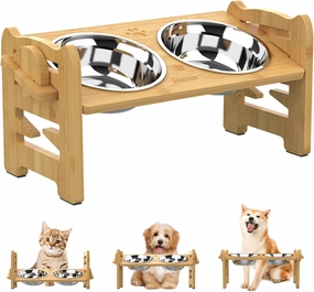 Elevated Dog Bowls, Adjustable Raised Dog Bowls Stand for Small Size Dogs and Cats, Durable Bamboo Dog Feeder with 2 Stainless Steel Bowls and Non-Slip Feet, Dog Food Bowls for Small Dogs Cats