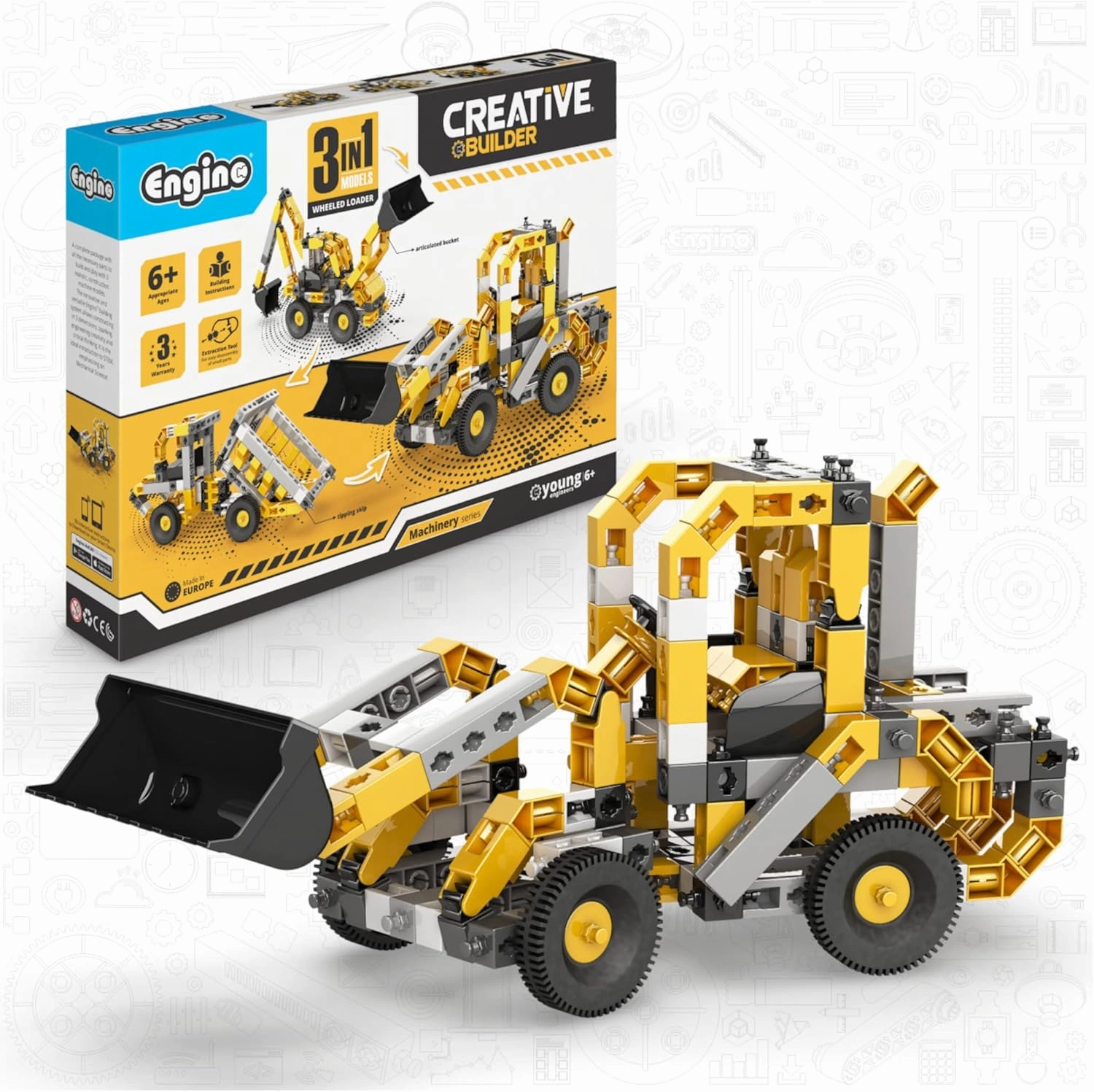 Engino: Creative Builder - 3-in-1 Wheeled Loader - Multimodel Vehicle Brick Set, Machinery Series, Snap Assembly, Engineer Construction, STEM, Kids 6 