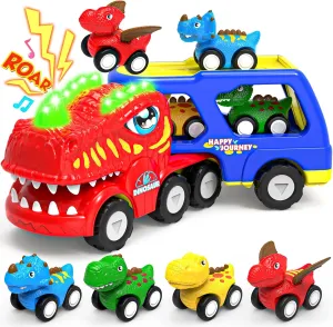 ENJSD Toys for 1 2 3 4 Year Old Boys, 5 in 1 Toys for Ages 2-4 with 4 Dinosaur Toy for Kids 3-5, Friction Powered Kids Boy Toddler Gifts with Flashing Light & Sound