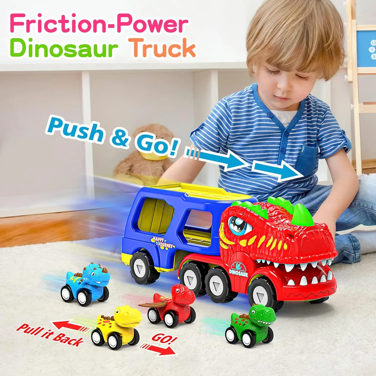 ENJSD Toys for 1 2 3 4 Year Old Boys, 5 in 1 Toys for Ages 2-4 with 4 Dinosaur Toy for Kids 3-5, Friction Powered Kids Boy Toddler Gifts with Flashing Light & Sound