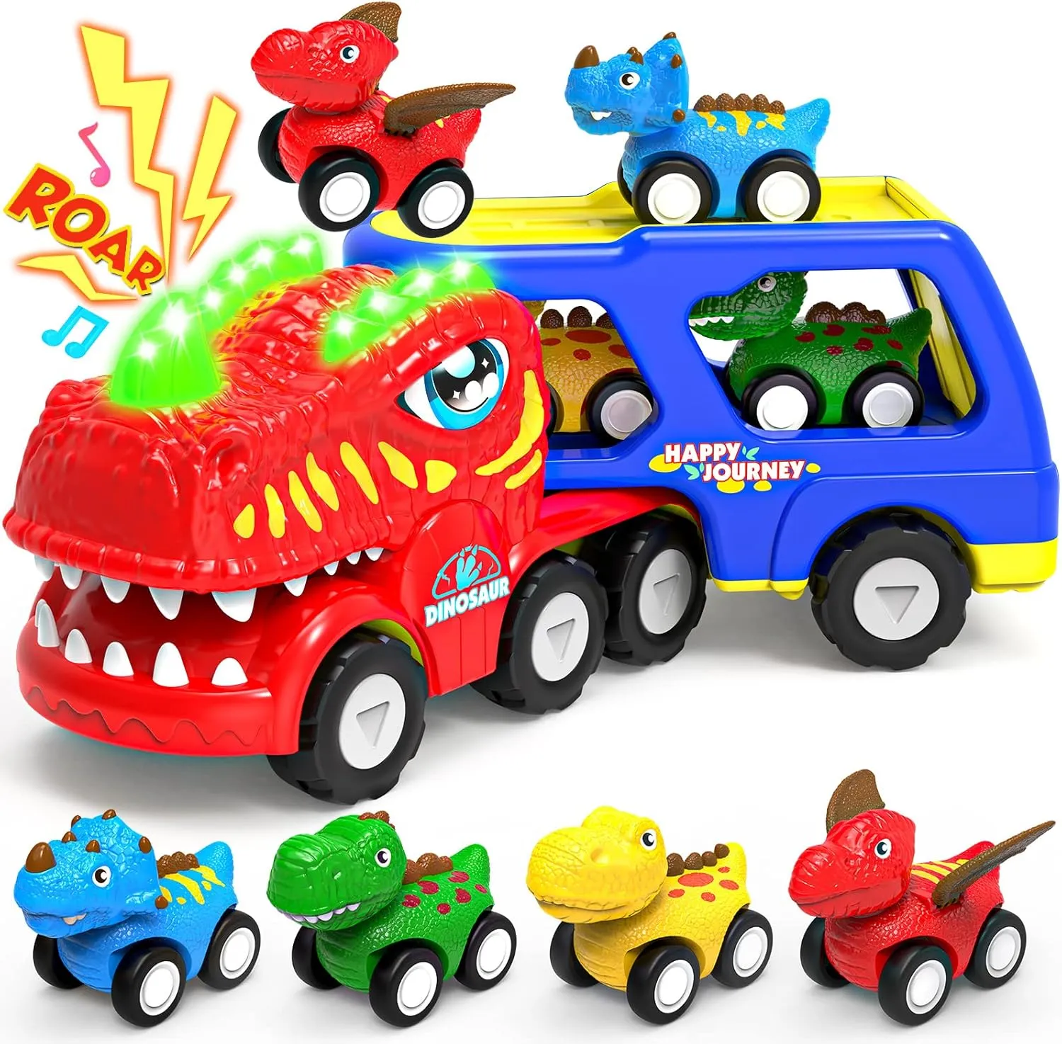 ENJSD Toys for 1 2 3 4 Year Old Boys, 5 in 1 Toys for Ages 2-4 with 4 Dinosaur Toy for Kids 3-5, Friction Powered Kids Boy Toddler Gifts with Flashing Light & Sound