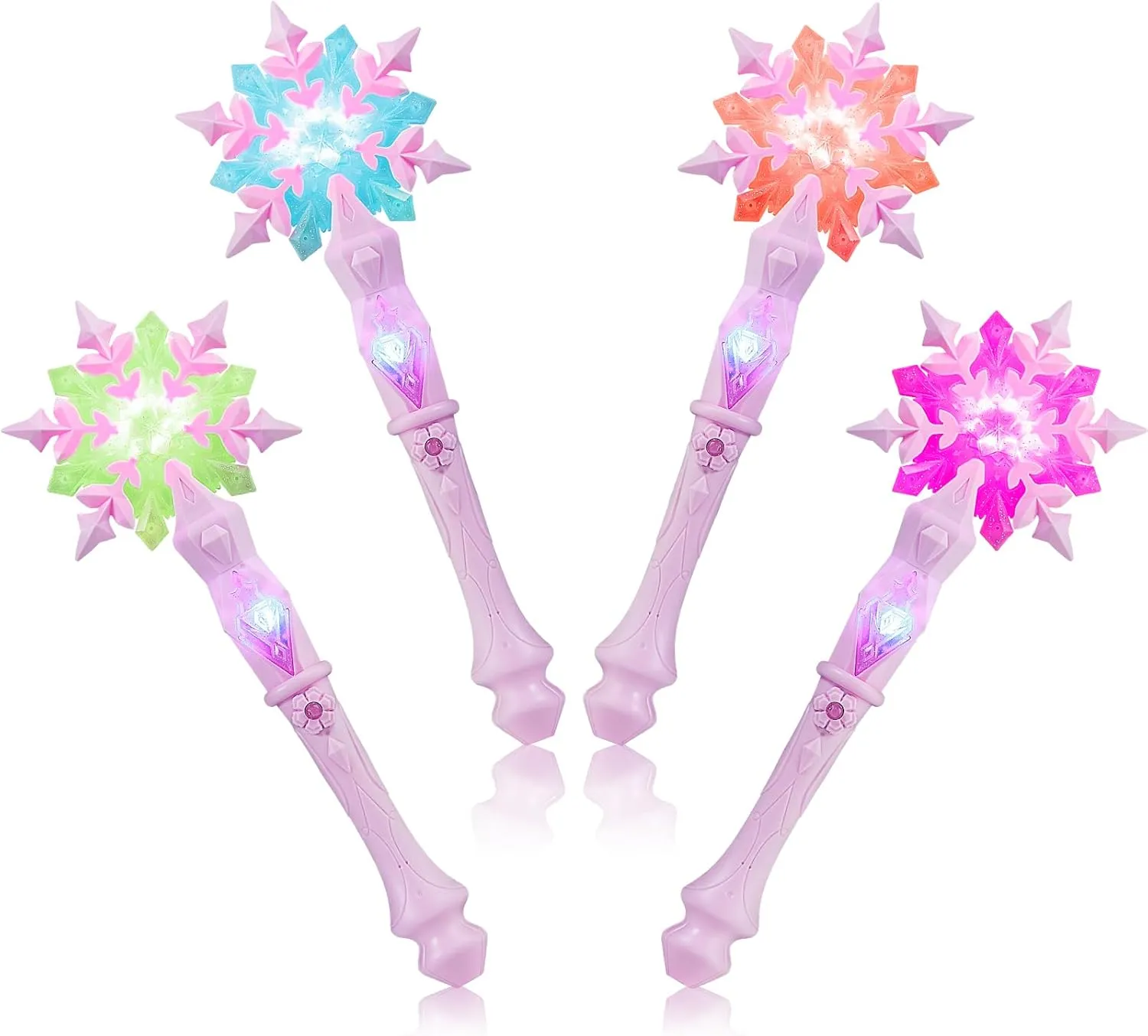 EnrichFun Light Up Frozen Snowflake Wand with Sound, Motion Sensitive Magic Princess Toys for Kids Girls Party Favors 4 Pieces, (Pink)