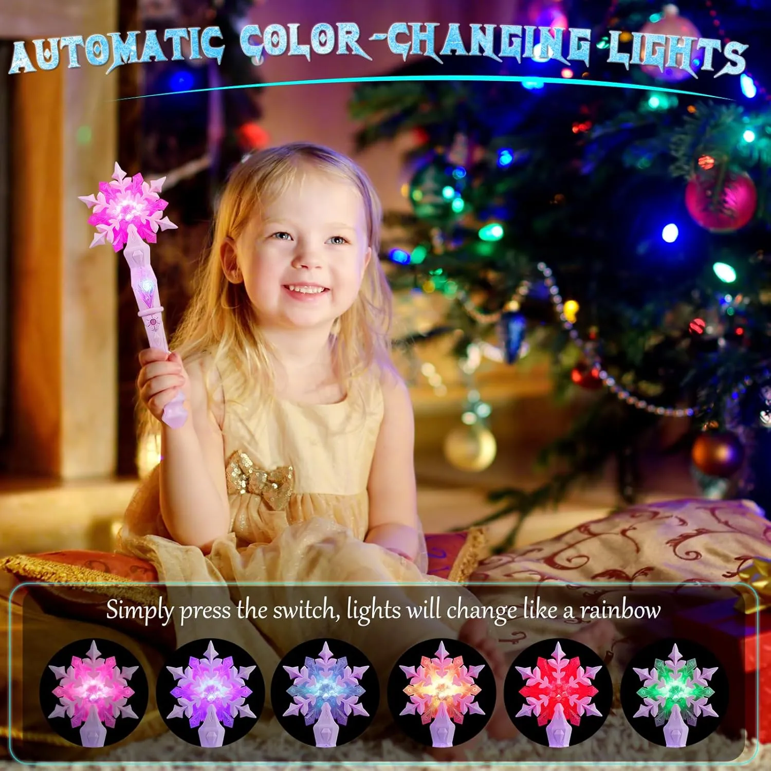 EnrichFun Light Up Frozen Snowflake Wand with Sound, Motion Sensitive Magic Princess Toys for Kids Girls Party Favors 4 Pieces, (Pink)