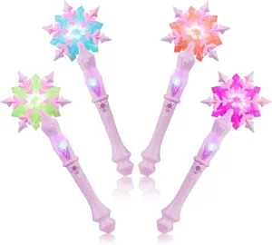 EnrichFun Light Up Frozen Snowflake Wand with Sound, Motion Sensitive Magic Princess Toys for Kids Girls Party Favors 4 Pieces, (Pink)