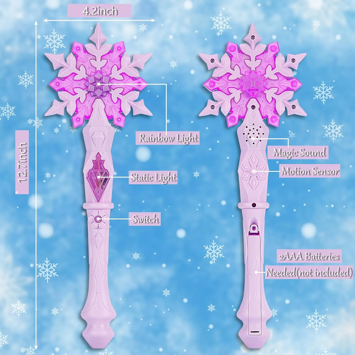 EnrichFun Light Up Frozen Snowflake Wand with Sound, Motion Sensitive Magic Princess Toys for Kids Girls Party Favors 4 Pieces, (Pink)