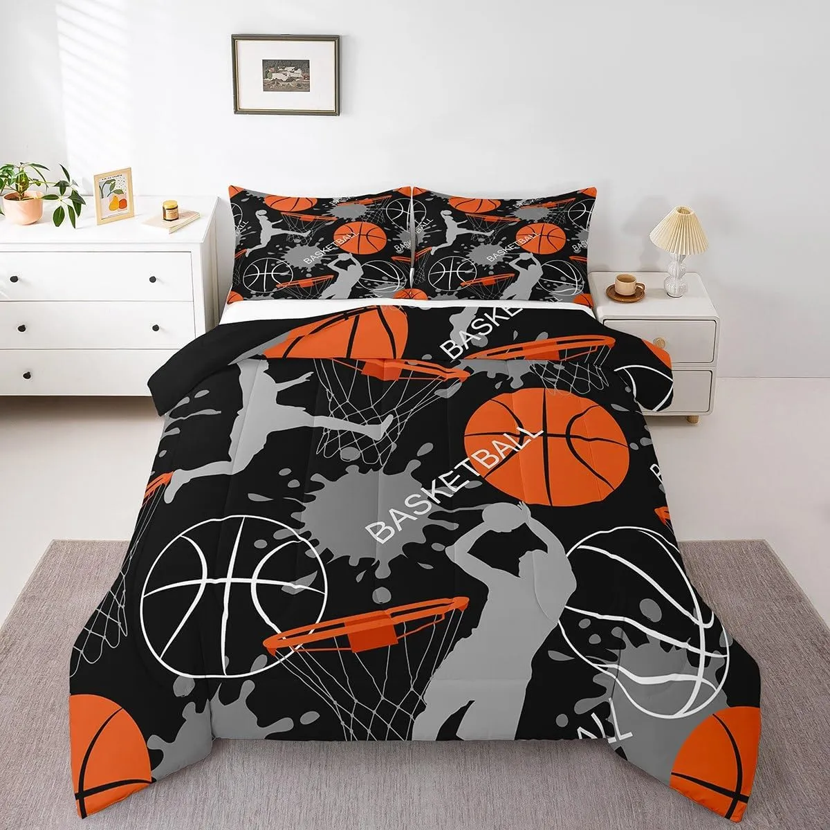 Erosebridal Boys Comforter Set Queen,Orange Basketball Bedding Set for Boys,Sports Comforter Duvet Set for Basketball Player,3D Basketball Quilt Set with 2 Pillowcases Lightweight