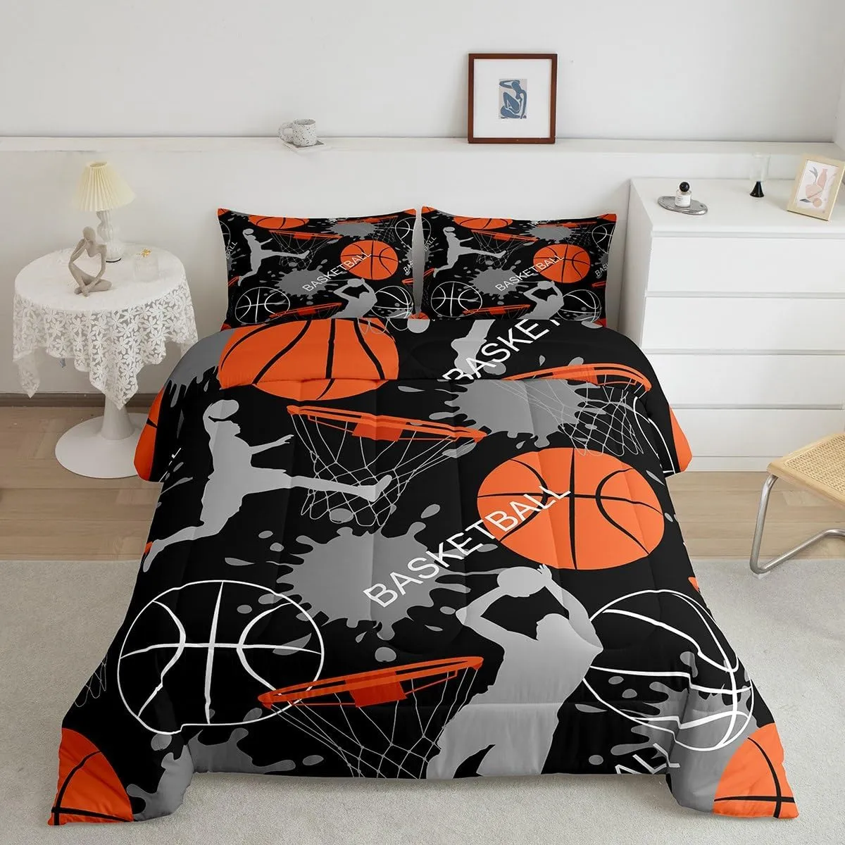 Erosebridal Boys Comforter Set Queen,Orange Basketball Bedding Set for Boys,Sports Comforter Duvet Set for Basketball Player,3D Basketball Quilt Set with 2 Pillowcases Lightweight