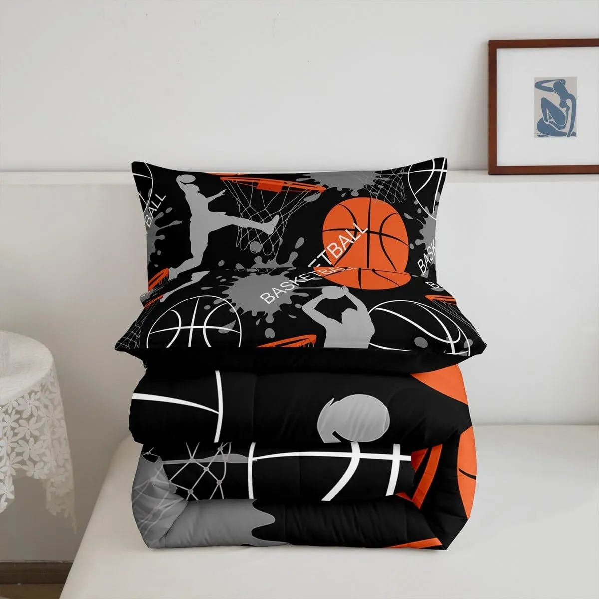 Erosebridal Boys Comforter Set Queen,Orange Basketball Bedding Set for Boys,Sports Comforter Duvet Set for Basketball Player,3D Basketball Quilt Set with 2 Pillowcases Lightweight