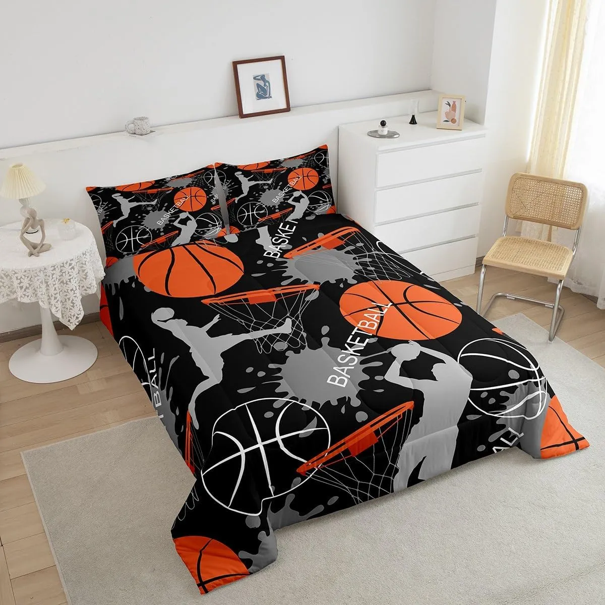 Erosebridal Boys Comforter Set Queen,Orange Basketball Bedding Set for Boys,Sports Comforter Duvet Set for Basketball Player,3D Basketball Quilt Set with 2 Pillowcases Lightweight