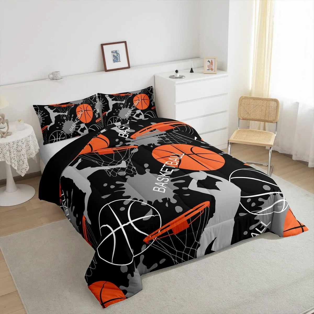 Erosebridal Boys Comforter Set Queen,Orange Basketball Bedding Set for Boys,Sports Comforter Duvet Set for Basketball Player,3D Basketball Quilt Set with 2 Pillowcases Lightweight