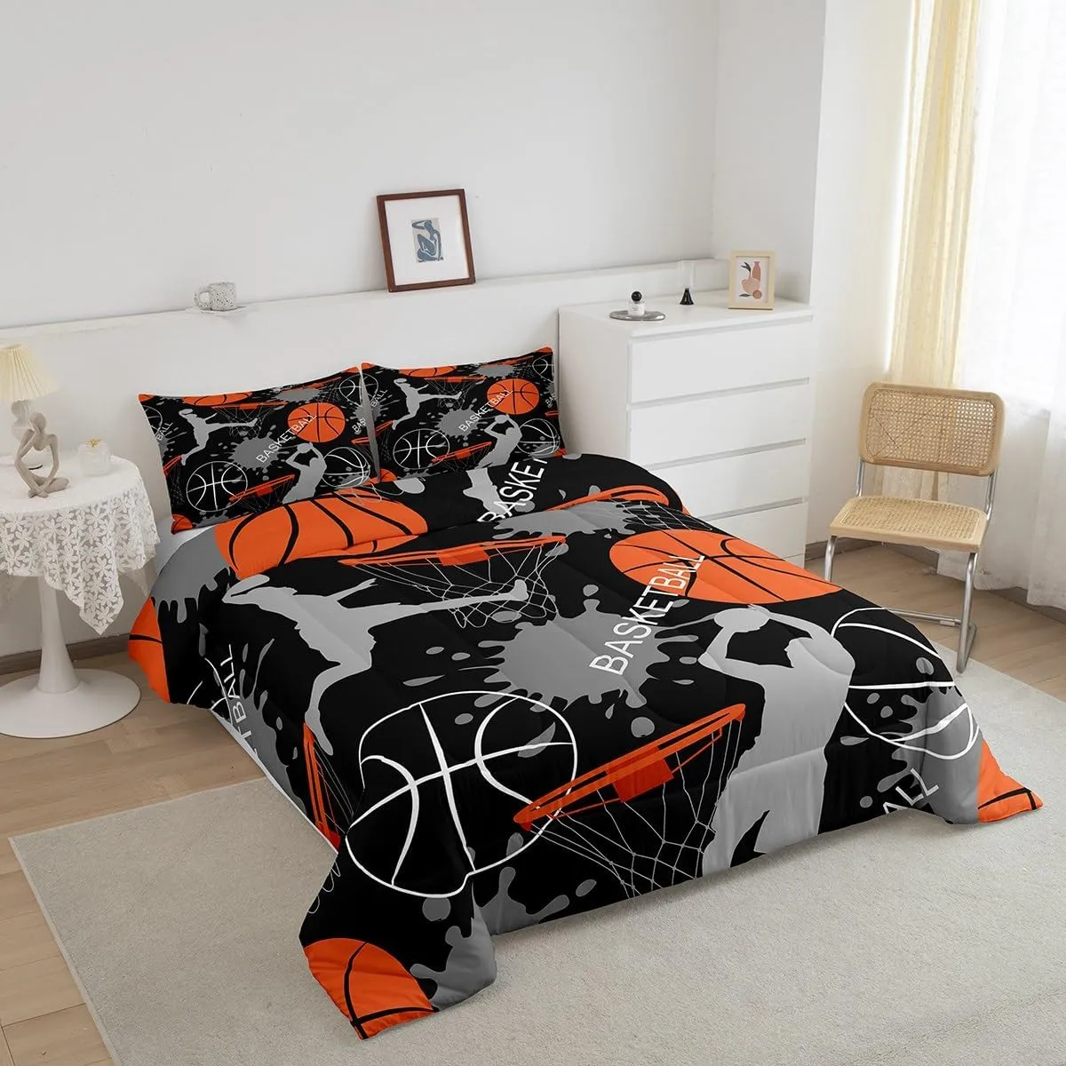Erosebridal Boys Comforter Set Queen,Orange Basketball Bedding Set for Boys,Sports Comforter Duvet Set for Basketball Player,3D Basketball Quilt Set with 2 Pillowcases Lightweight