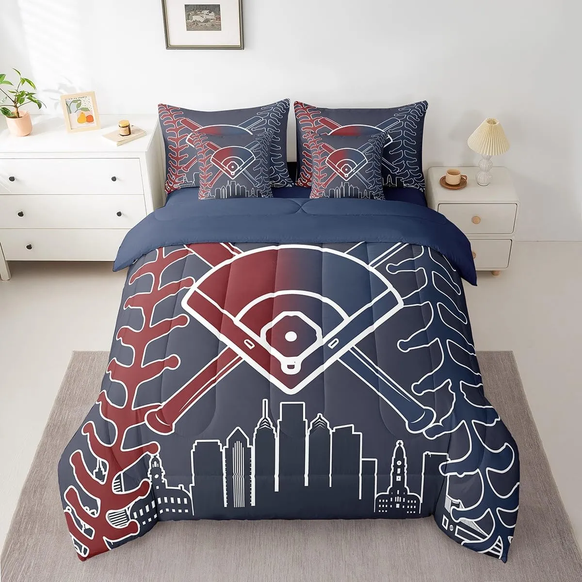 Erosebridal Kids Baseball 7 Piece Bedding Sets Baseball Player Comforter Bed in a Bag Sports Printed Quilt with Sheet Set,for Children Boy Girl Teen Kids Bedroom Decor,King 7Pcs