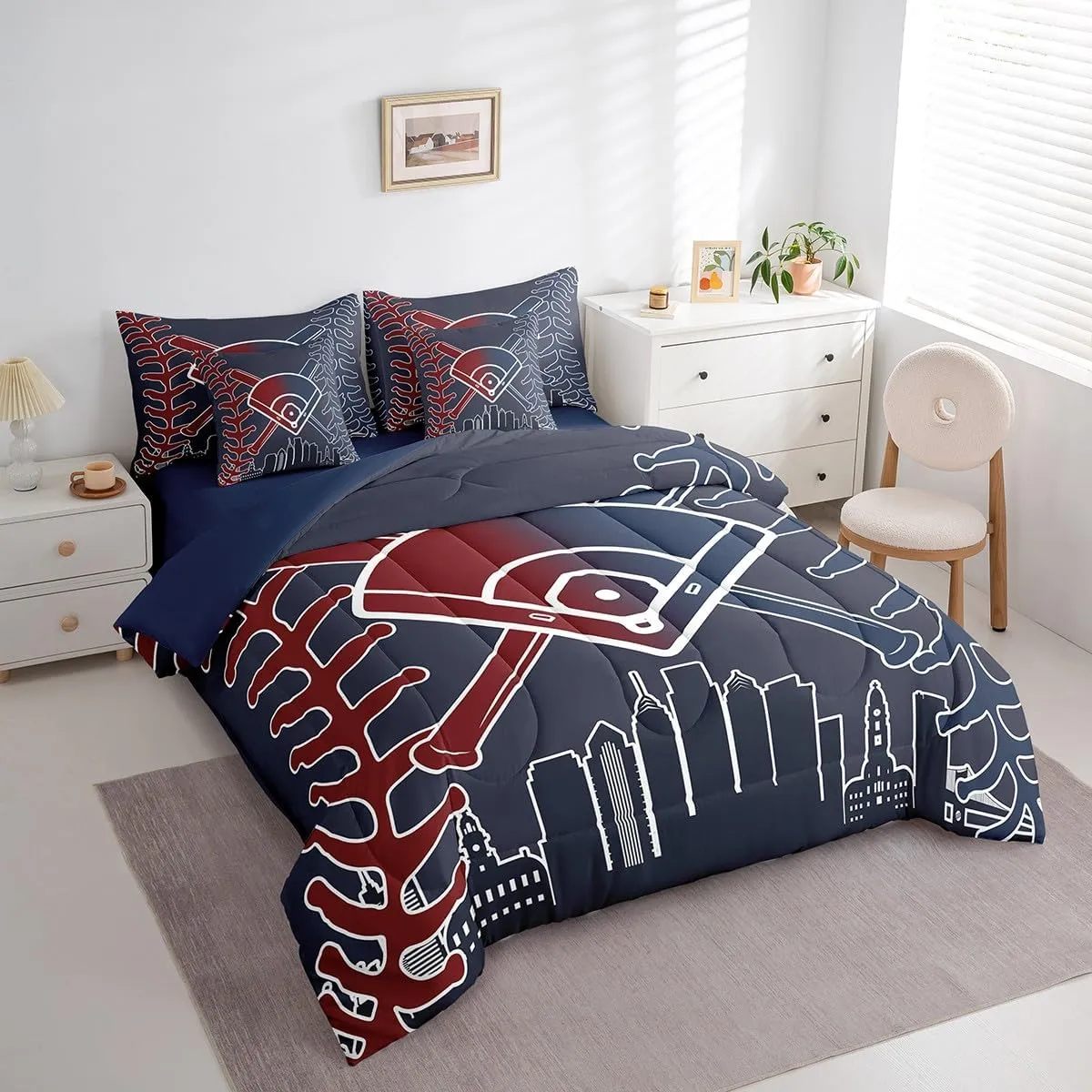 Erosebridal Kids Baseball 7 Piece Bedding Sets Baseball Player Comforter Bed in a Bag Sports Printed Quilt with Sheet Set,for Children Boy Girl Teen Kids Bedroom Decor,King 7Pcs