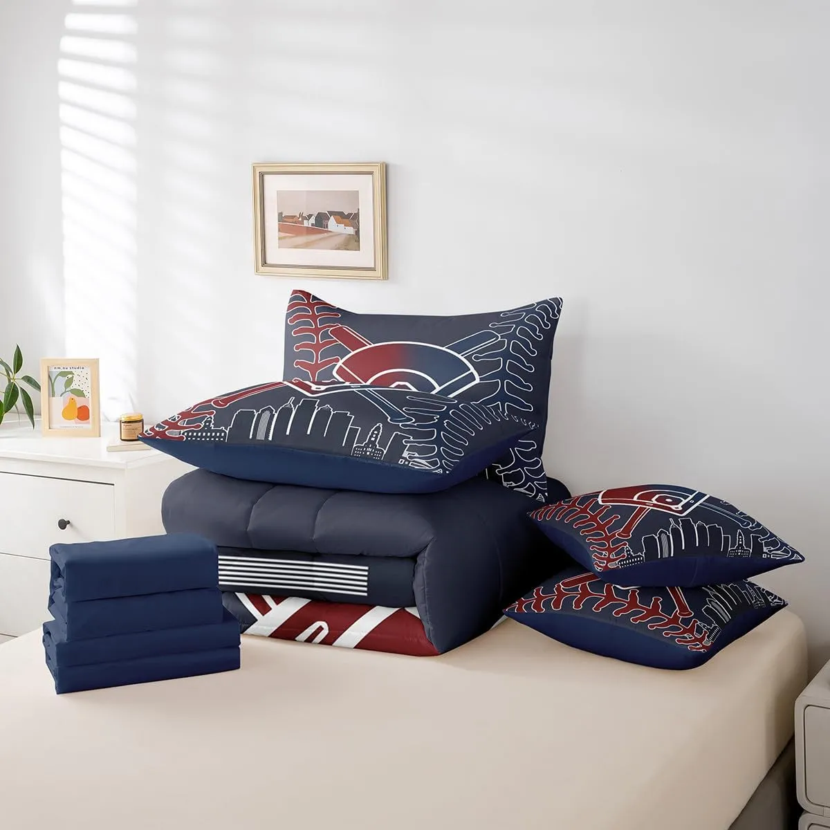 Erosebridal Kids Baseball 7 Piece Bedding Sets Baseball Player Comforter Bed in a Bag Sports Printed Quilt with Sheet Set,for Children Boy Girl Teen Kids Bedroom Decor,King 7Pcs