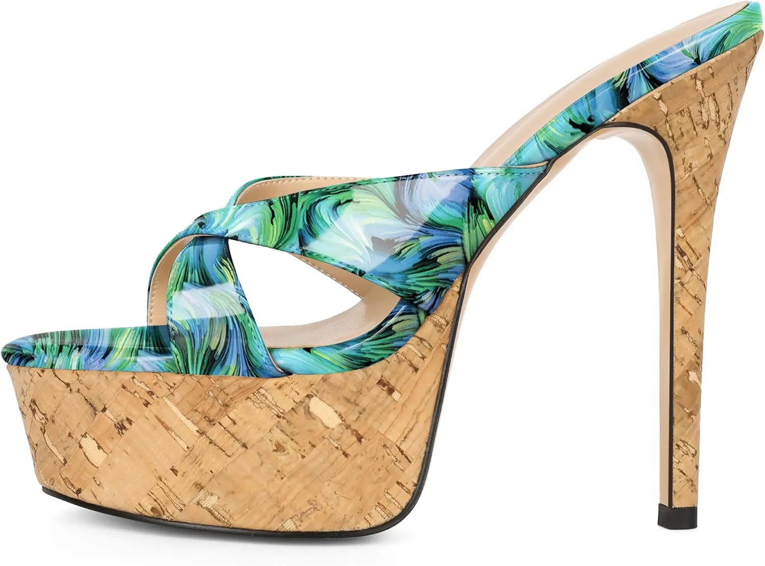 Esvowido Heeled Mules for Women Cork Platform Stiletto Heels Slip on Open Toe High Heeled Sandals Crisscross Slippers Pumps Shoes