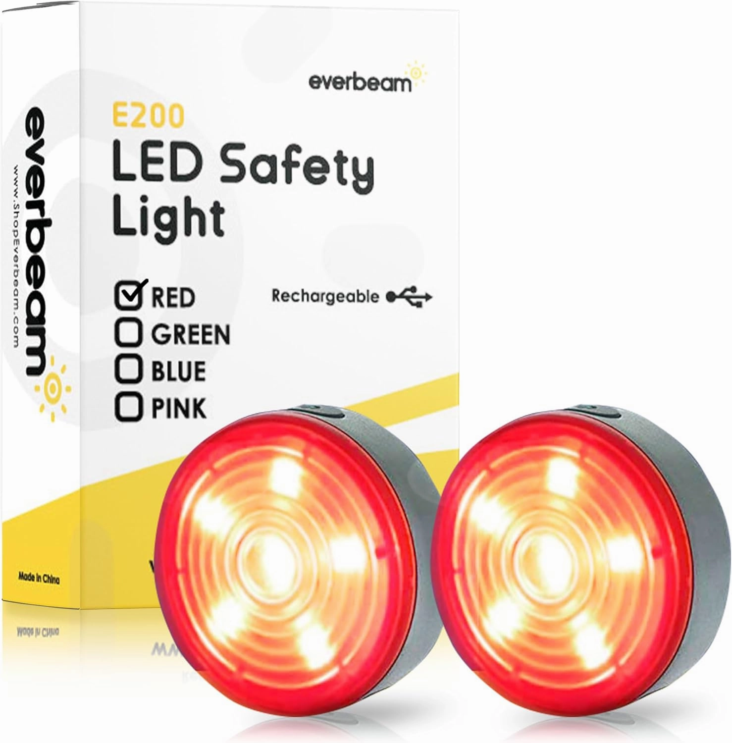 Everbeam E200 LED Bicycle Lights Front and Rear Rechargeable | Powerful Waterproof Safety Clip On LED Light Set are Great for Runners, Cycling, Dog Walking, Kayaking - Includes Straps for Wearing - 2 Pack