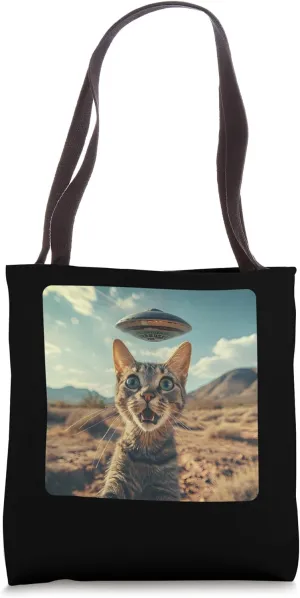 Extraterrestrial Encounter: Cat Selfie with Alien UFO Tote Bag