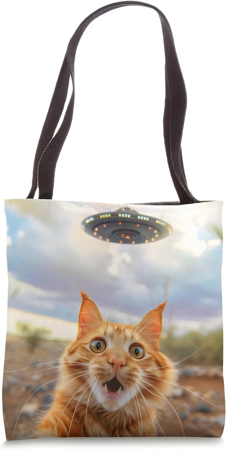 Extraterrestrial Encounter: Cat Selfie with UFO Tote Bag