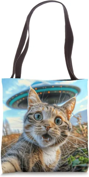 Extraterrestrial Encounter: Cat Selfie with UFO Tote Bag