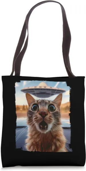 Extraterrestrial Encounter: Cat Selfie with UFO Tote Bag
