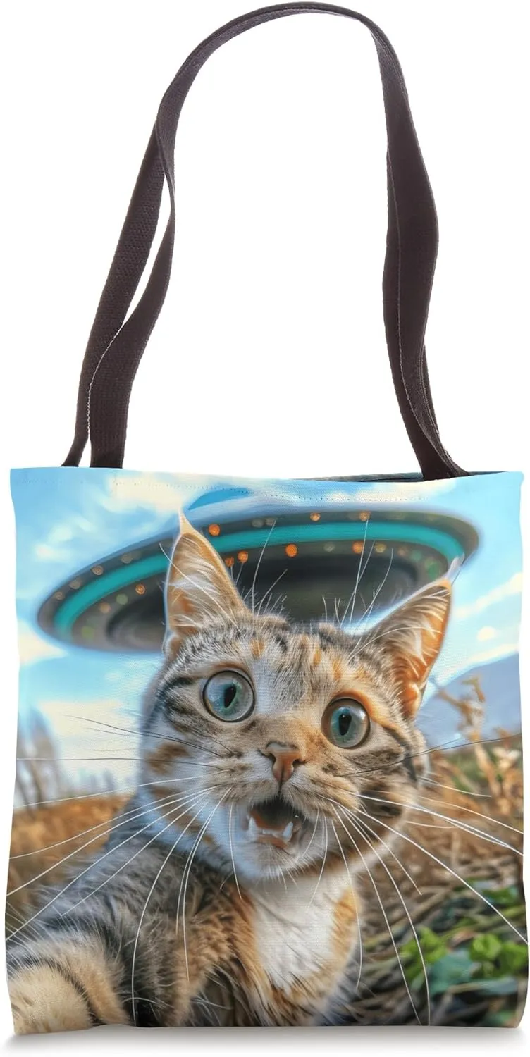 Extraterrestrial Encounter: Cat Selfie with UFO Tote Bag