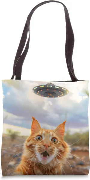 Extraterrestrial Encounter: Cat Selfie with UFO Tote Bag