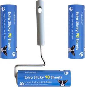 Extreme Sticky Large Surface Lint Roller, 6.3'' Giant Pet Hair Remover Roller, Designed for Removing Pet Dog Cat Hair, 90 Sheets per Roll (1 Roller 2 Refills)