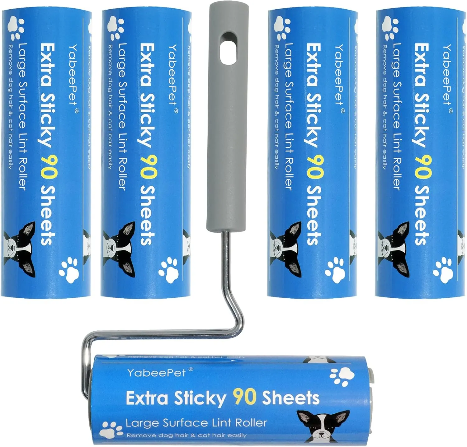Extreme Sticky Large Surface Lint Roller, Long Handle Pet Hair Remover, Designed for Removing Pet Dog Cat Hair 90 Sheets, 6.3 inch Width (1 Roller 4 Refills)