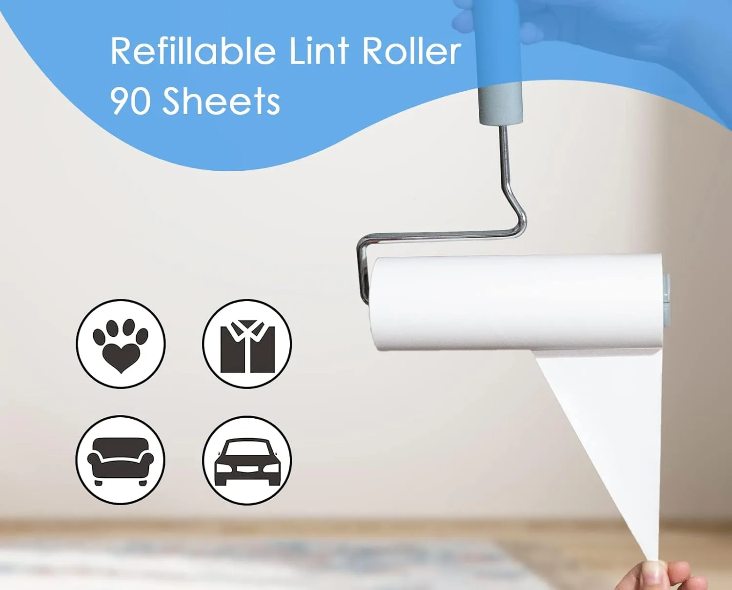 Extreme Sticky Large Surface Lint Roller, Long Handle Pet Hair Remover, Designed for Removing Pet Dog Cat Hair 90 Sheets, 6.3 inch Width (1 Roller 4 Refills)