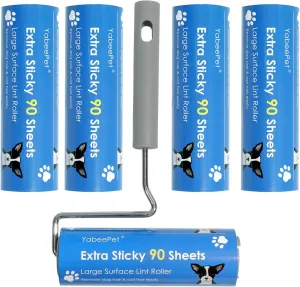Extreme Sticky Large Surface Lint Roller, Long Handle Pet Hair Remover, Designed for Removing Pet Dog Cat Hair 90 Sheets, 6.3 inch Width (1 Roller 4 Refills)