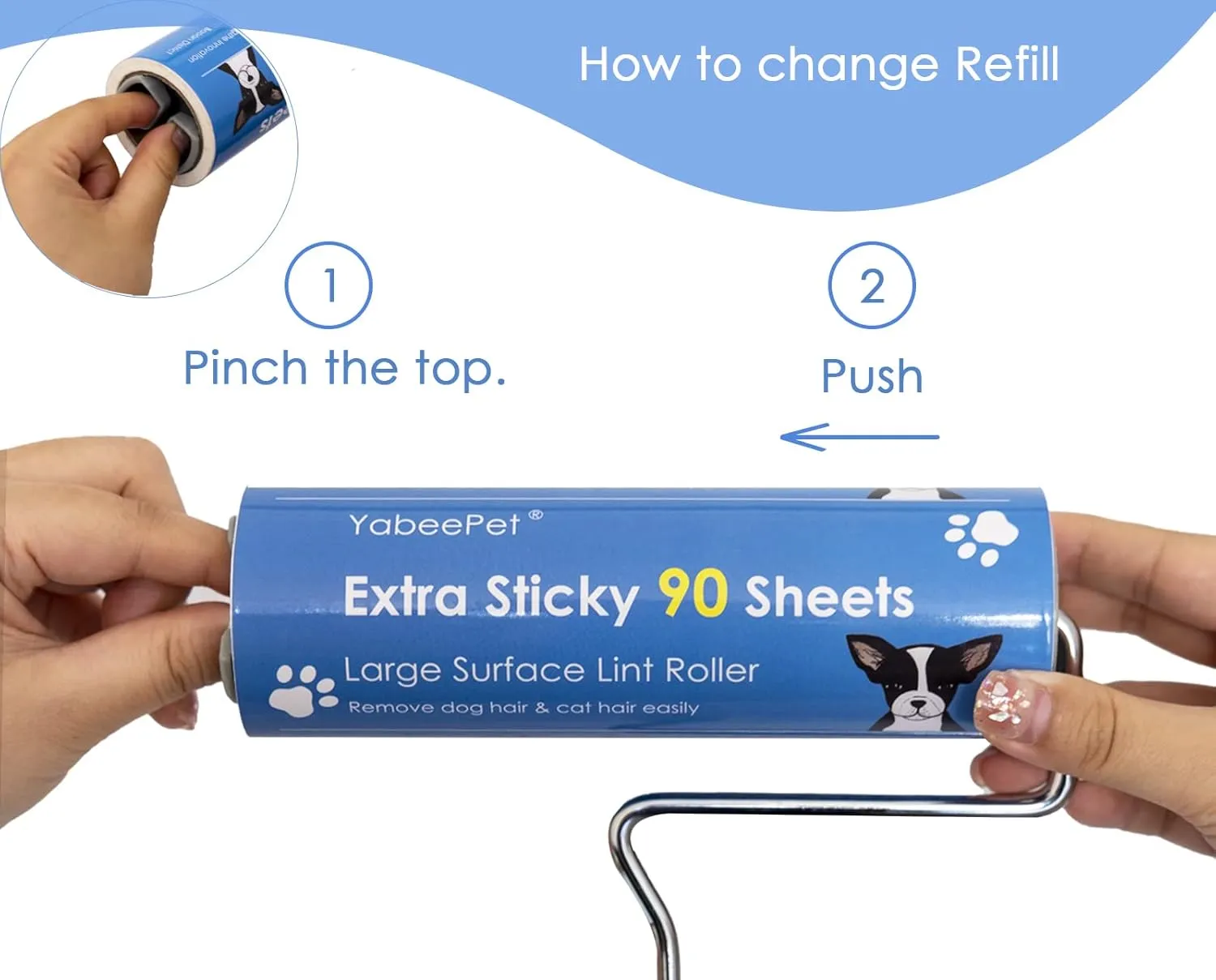 Extreme Sticky Large Surface Lint Roller, Long Handle Pet Hair Remover, Designed for Removing Pet Dog Cat Hair 90 Sheets, 6.3 inch Width (1 Roller 4 Refills)
