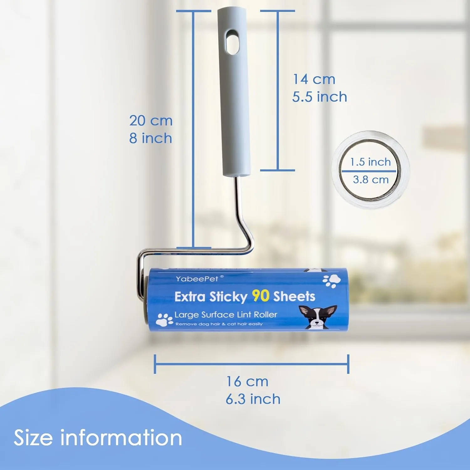 Extreme Sticky Large Surface Lint Roller, Long Handle Pet Hair Remover, Designed for Removing Pet Dog Cat Hair 90 Sheets, 6.3 inch Width (1 Roller 4 Refills)