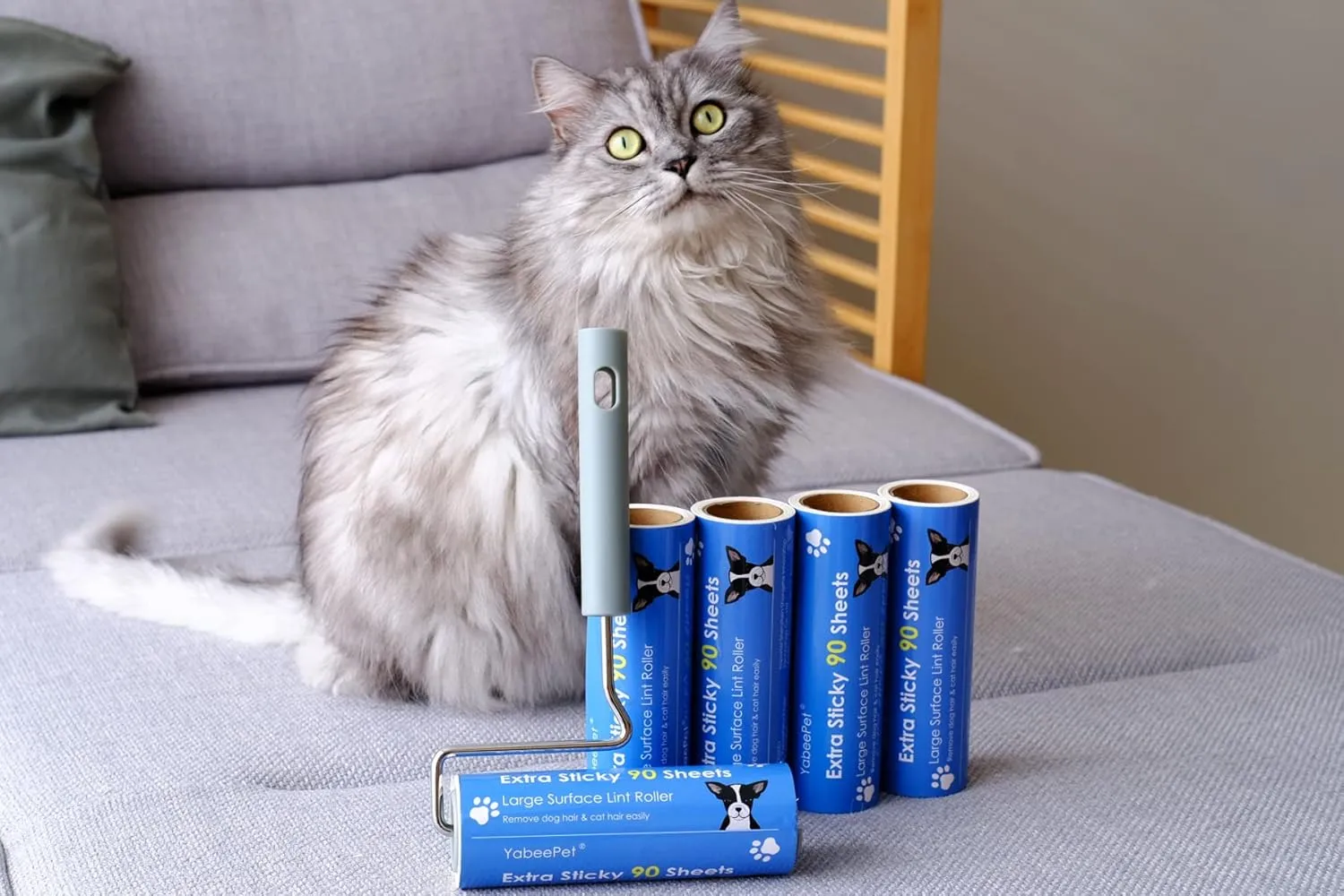 Extreme Sticky Large Surface Lint Roller, Long Handle Pet Hair Remover, Designed for Removing Pet Dog Cat Hair 90 Sheets, 6.3 inch Width (1 Roller 4 Refills)