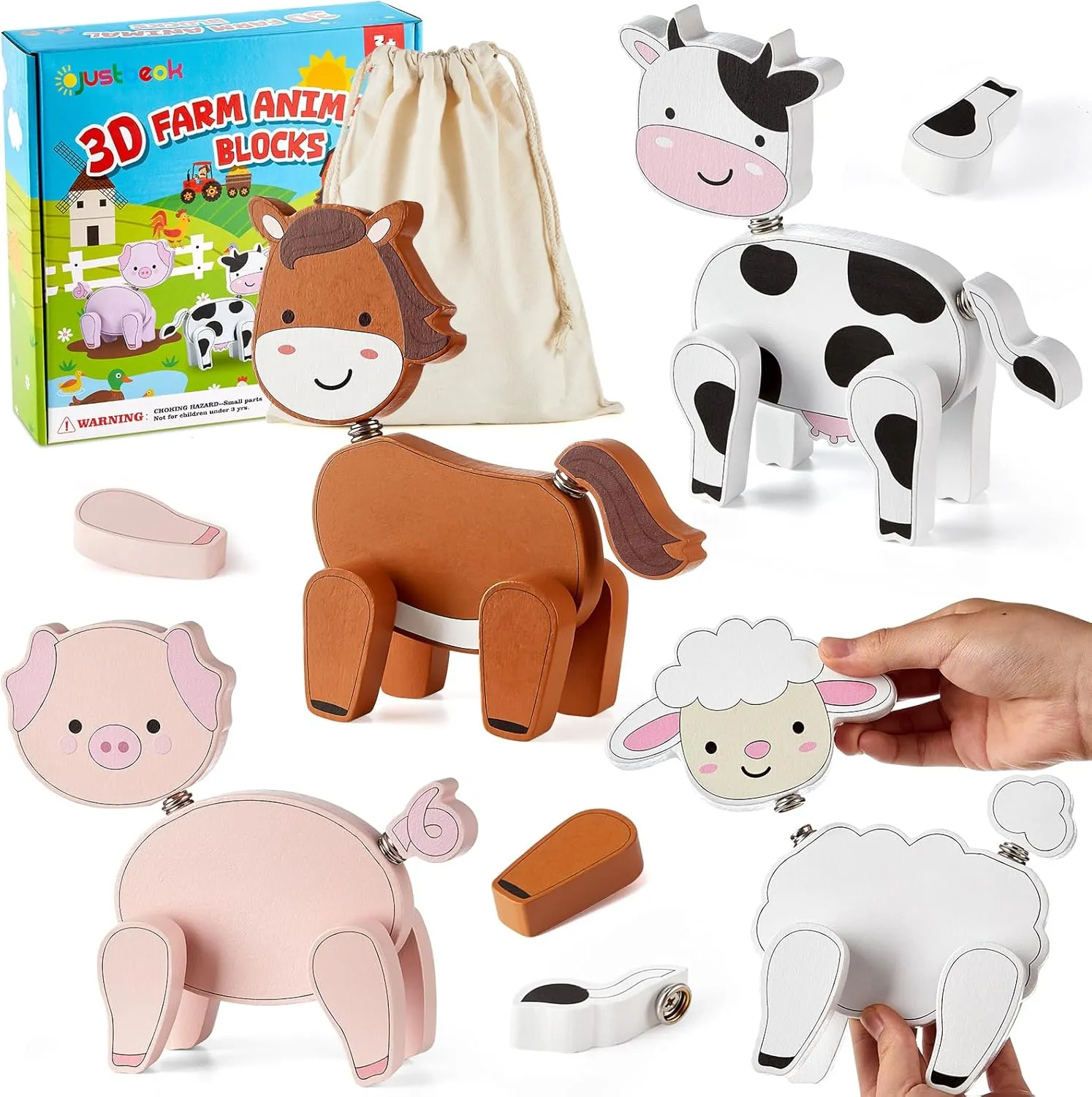 Farm Animal Snap Together Building Toys Wooden Take Apart Cow Horse Sheep Pig Toy STEM Montessori Educational Fine Motor Skill 3D Puzzle Gift for Preschool Kids 3-8 Learning Activity Game